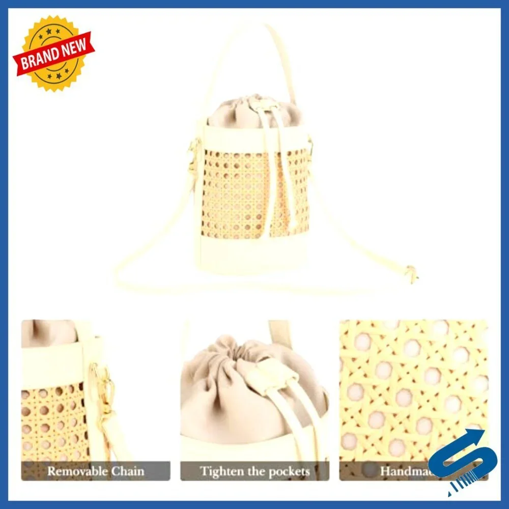 Rattan Bucket Bag Straw Tote Beach Vacation Summer Boho Chic Crossbody Purse